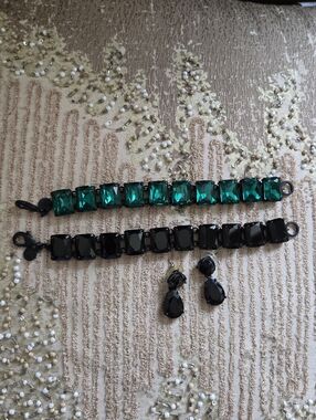 Elegant Emerald Green and Black Rhinestone Bracelet AnSet